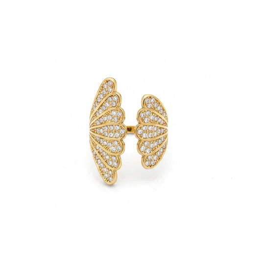 Meinara Brielle ring in gold featuring a unique fan-shaped design encrusted with sparkling white cubic zirconia stones.