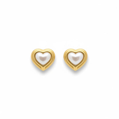 Meinara Cassi heart-shaped stud earrings featuring a white pearl center set in polished gold-tone metal