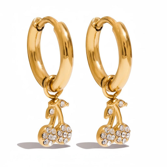 Meinara Elina gold hoop earrings featuring dangling cherry charms encrusted with sparkling white crystals