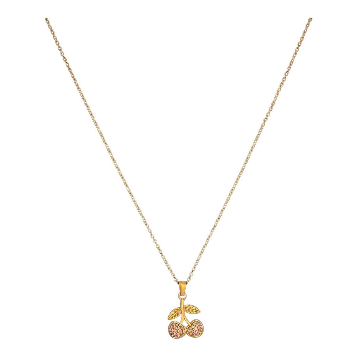 Meinara Isla necklace featuring a gold chain with a delicate cherry pendant adorned with pink sparkling stones.