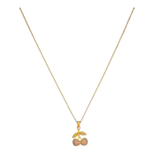 Meinara Isla necklace featuring a gold chain with a delicate cherry pendant adorned with pink sparkling stones.