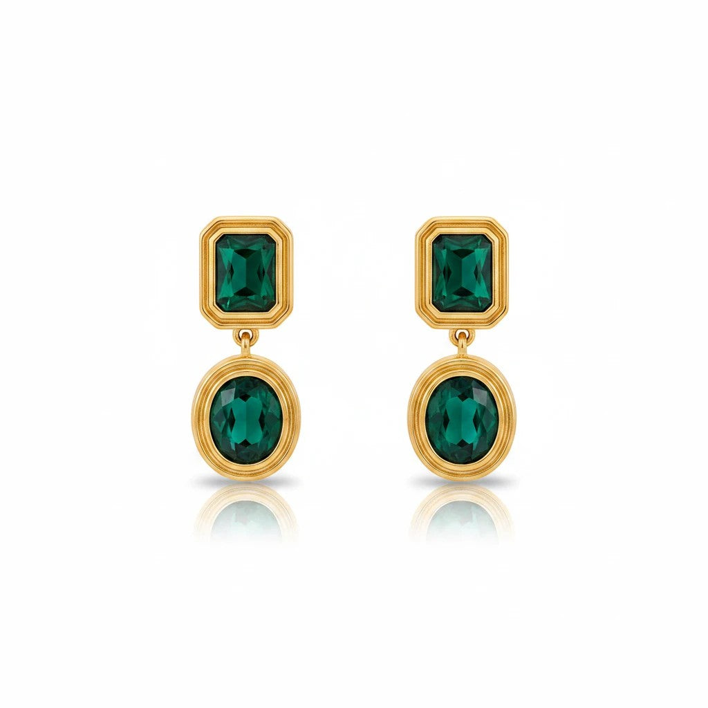 Meinara Isla drop earrings featuring emerald green rectangular and oval crystals set in polished gold-tone metal