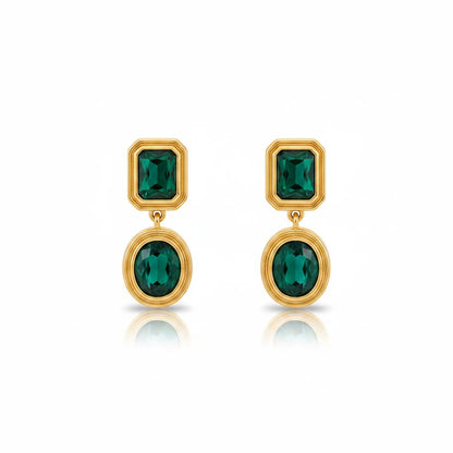 Meinara Isla drop earrings featuring emerald green rectangular and oval crystals set in polished gold-tone metal