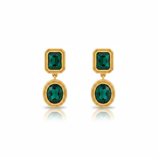 Meinara Isla drop earrings featuring emerald green rectangular and oval crystals set in polished gold-tone metal
