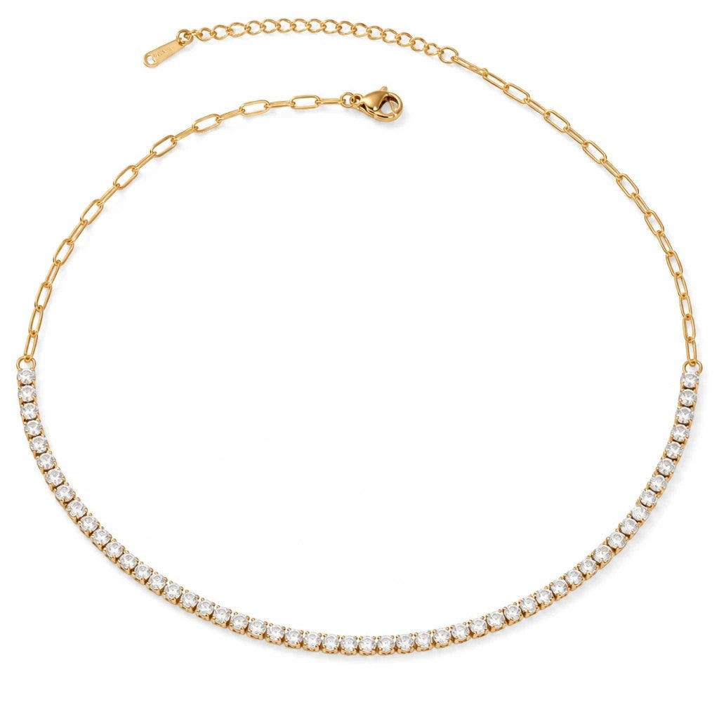 Meinara Lumi necklace featuring a gold chain with a delicate row of sparkling clear cubic zirconia stones