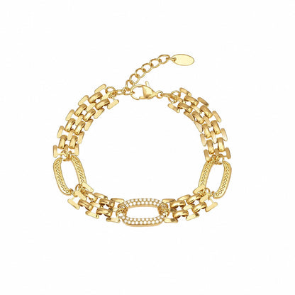 Meinara Mira gold-tone chain bracelet featuring textured links and a central oval charm with sparkling crystals