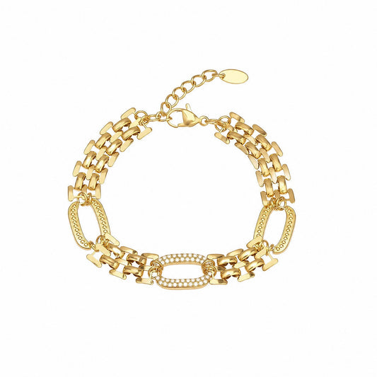 Meinara Mira gold-tone chain bracelet featuring textured links and a central oval charm with sparkling crystals