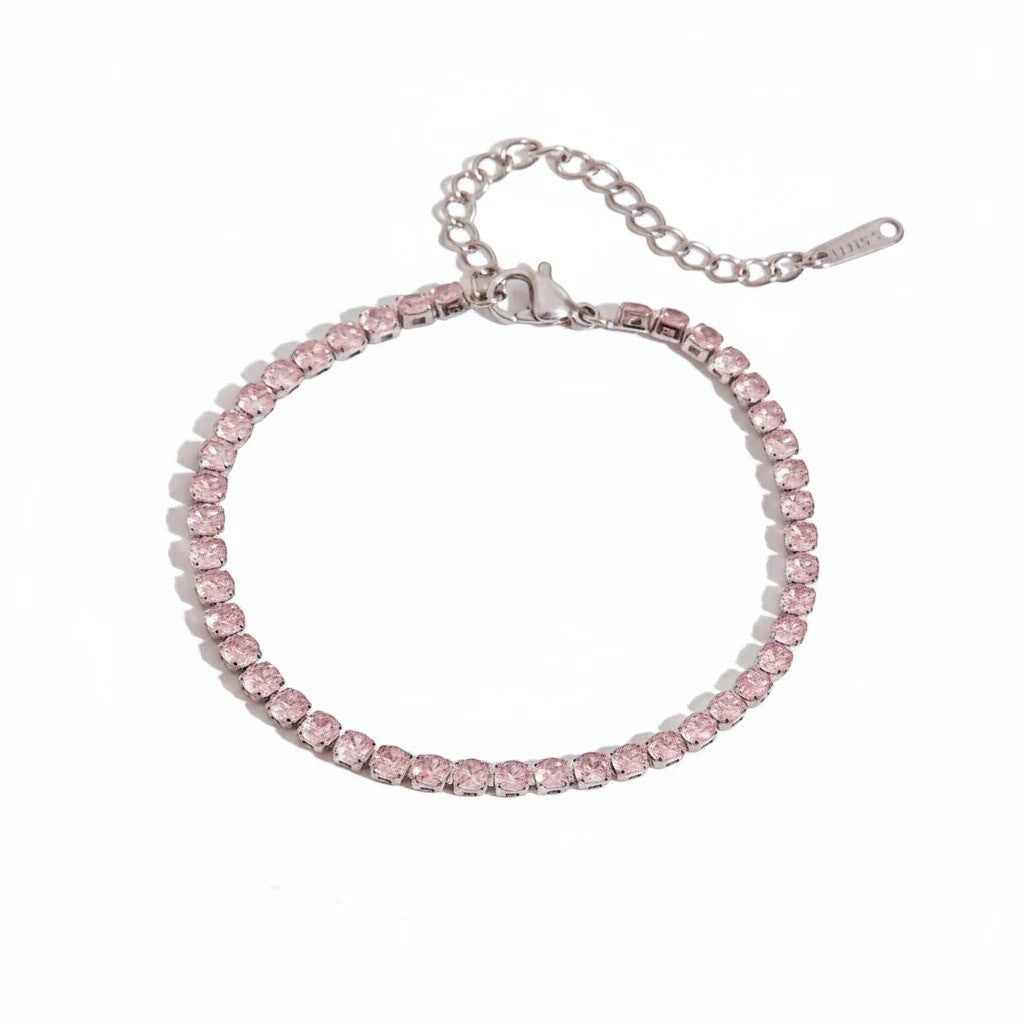 Meinara Muse bracelet featuring a delicate silver chain set with sparkling light pink crystals on a white background
